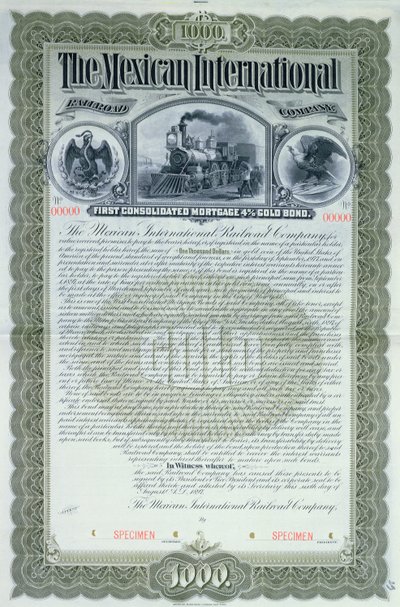 Certificado de bono de muestra por 1000 dólares para la Compañía Internacional de Ferrocarriles de México, 1897 de American School