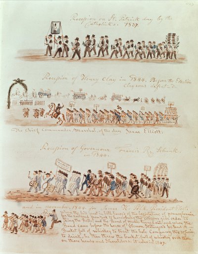 Procesión del Día de San Patricio en 1837 y procesiones para Henry Clay, Gobernador Francis Schunk y James Polk en 1844 de American School