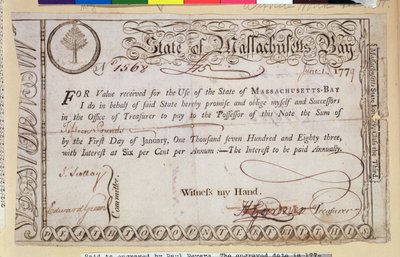 Nota promisoria del Estado de la Bahía de Massachusetts, supuestamente grabada por Paul Revere (1735-1818) 1779 de American School