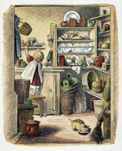 Almacenamiento en la cocina en "Schnik, schnak, bagatelas para los pequeños", juegos infantiles. ed. Londres- Georges Ronthedge y hijos. Nueva York, The broad way Ludgate s.f. c. 1890 de American School