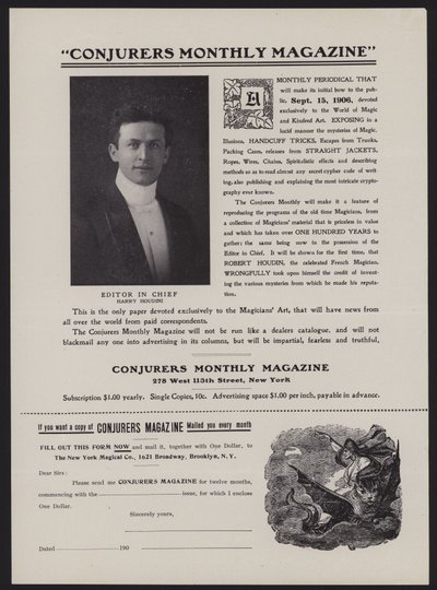 Formulario de suscripción para Conjurers Monthly Magazine, Editor en Jefe Harry Houdini de American School