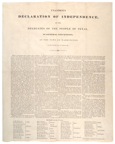 Declaración de Independencia de Texas: Declaración unánime de independencia, impresa por Baker y Bordens, 2 de marzo de 1836 de American School