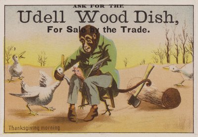 Mañana de acción de gracias, tarjeta comercial que anuncia platos de madera Udell de American School