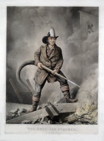 El Bombero Americano, Enfrentando al Enemigo, pub. 1858 (litografía coloreada a mano) de American School