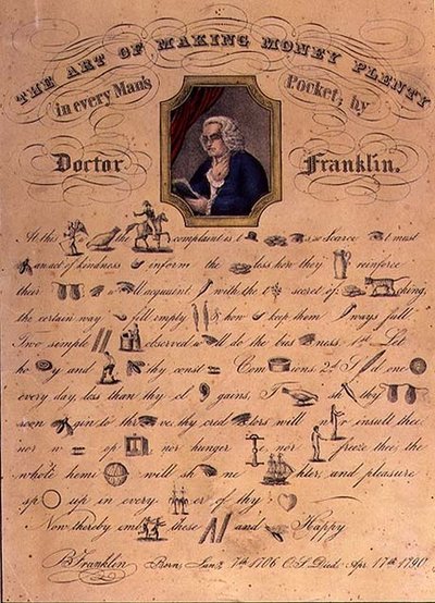 El arte de hacer que el dinero abunde en el bolsillo de cada hombre por el Doctor Franklin, publicado por Currier and Ives, Nueva York de American School