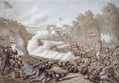 La Batalla de Corinto, 3-4 de octubre de 1862, mostrando banderas del Norte y del Sur, por Kurz & Allison de American School
