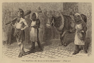 "El Boeuf-Gras, el buey gordo, es conducido en la procesión" (grabado) de American School