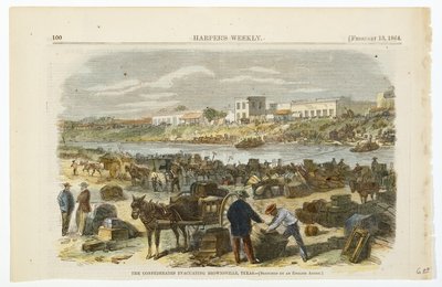 Los confederados evacuando Brownsville, Texas, c. 1864 de American School