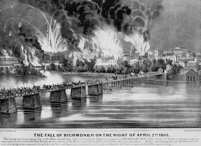 La Caída de Richmond, Va. en la noche del 2 de abril de 1865, pub. por Currier & Ives, 1865 de American School
