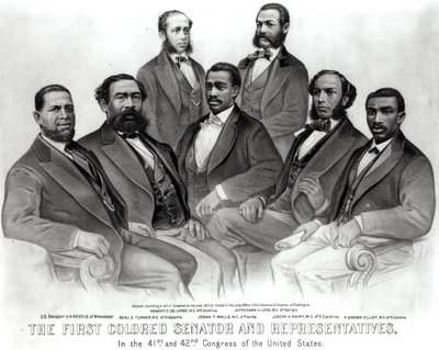 El primer senador y representantes de color, en el 41º y 42º Congreso de los Estados Unidos, publicado por Currier y Ives, 1872 de American School