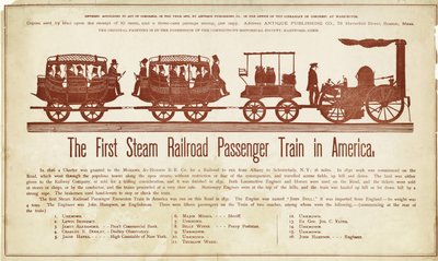 El primer tren de pasajeros de ferrocarril a vapor en América, publicado c.1870 de American School
