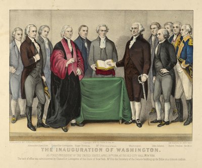 La inauguración de Washington como primer presidente de los Estados Unidos, 30 de abril de 1789, en el Old City Hall, Nueva York, pub.1876 (litografia en color) de American School