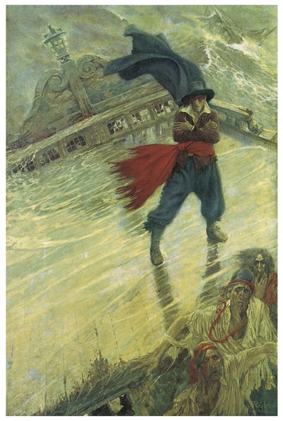 La leyenda del barco fantasma o el Holandés Errante: un comandante holandés que quiso tentar al destino habría sido condenado a vagar en su barco para siempre, trayendo desgracia a los barcos que cruzaban su ruta. Ilustración de Howard Pyle (1853-1911) de  de American School