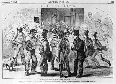La Oficina de Naturalización el Día Antes de la Elección, publicado en Harpers Weekly, 7 de noviembre de 1857 de American School