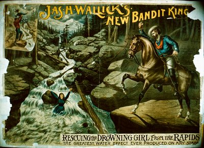 El nuevo rey bandido rescatando a una chica de los rápidos, 1880s-90s de American School