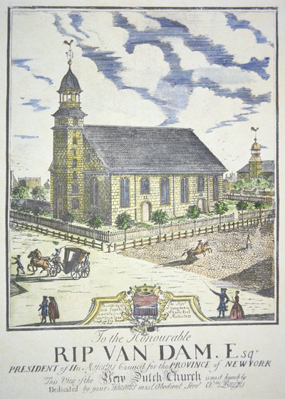 La nueva iglesia reformada holandesa, construida en la esquina de las calles Nassau y Liberty, Nueva York, en 1731 de American School