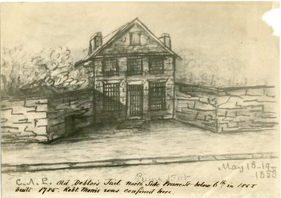 La antigua cárcel de deudores, lado de Prune St. debajo de la 6ª, ilustración del Castner Scrapbook, 1858 (foto-litografía) de American School