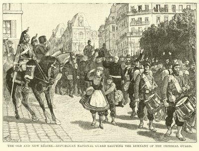 El antiguo y el nuevo régimen, Guardia Nacional Republicana saludando al remanente de la Guardia Imperial de American School