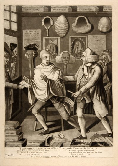 El barbero patriótico de Nueva York, o el capitán en la espuma, pub. 1775 de American School
