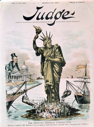 El sitio propuesto para el vertedero de emigrantes, portada de Judge, 22 de marzo de 1890 de American School