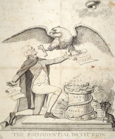 La Detección Providencial, caricatura que muestra a Thomas Jefferson (1743-1826) tratando de destruir la Constitución de American School