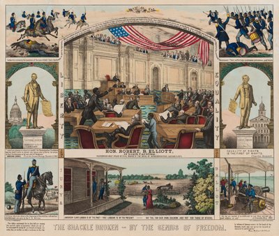 El grillete roto - Por el genio de la libertad, c.1860-1879 (litografía en color) de American School