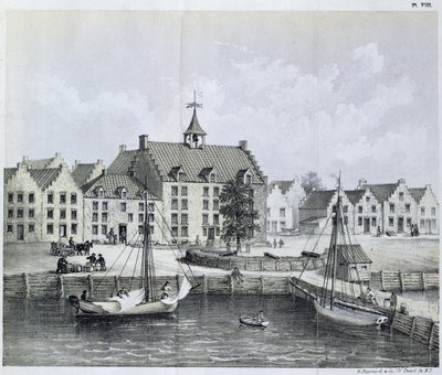 El Stadthuys de Nueva York en 1679, esquina de Pearl Street y Coentijs Slip, del Diario de un viaje a Nueva York en 1679-80 por Jasper Danckaerts (n.1639) y Peter Sluyter (1645-1722), publicado en 1867 de American School