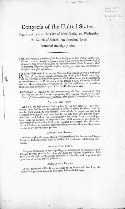 La Carta de Derechos de los Estados Unidos, completada en 1789 de American School