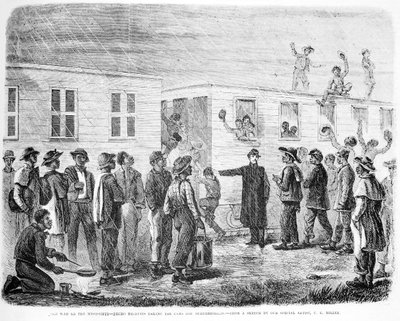 La guerra en Mississippi. Reclutas negros abordando el tren hacia Murfreesboro, de Frank Leslies Illustrated Newspaper, mayo de 1864 de American School