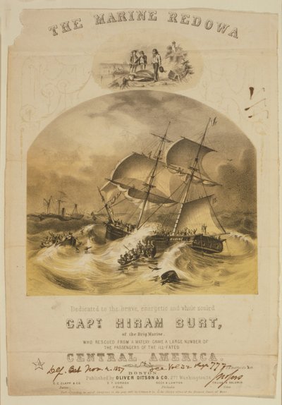El bergantín Marine rescatando pasajeros en botes salvavidas del vapor SS Central America después de ser atrapado en un huracán frente a las Carolinas en septiembre de 1857. Más de 550 se ahogaron y se perdieron 30,000 libras (14,000 kg) de oro californian de American School
