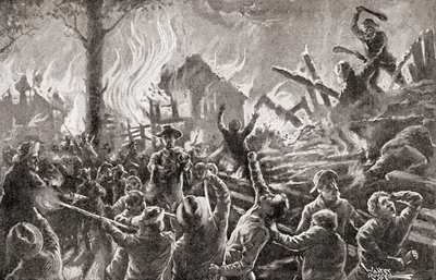 La guerra civil en Kansas, también conocida como "Bleeding Kansas", "Bloody Kansas" o "The Border War", de "The History of Our Country", publicado en 1905 (litografía). de American School