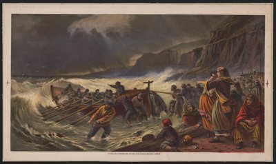 La salida, botando el bote salvavidas, c.1878 (cromolitografía) de American School