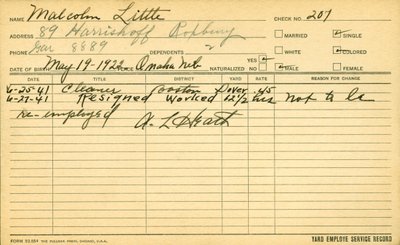 Registro de servicio del empleado Malcolm X (1925-65) de American School