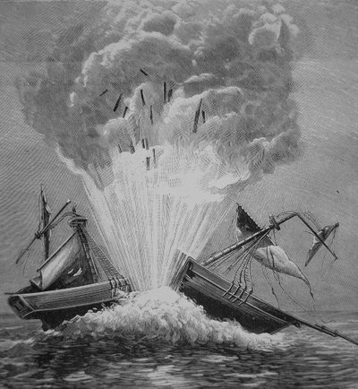 El primer torpedo, inventado por Robert Fulton, destruye el bergantín danés 