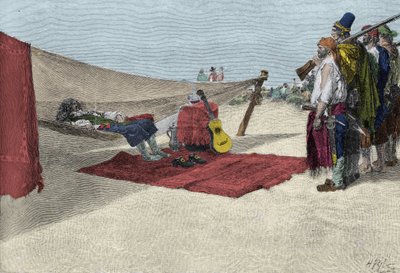 El pirata Sir Henry Morgan reclutando hombres para el ataque a Panamá alrededor de 1670. 