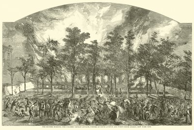 Los alborotadores quemando el Asilo de Huérfanos de Color, esquina de la Quinta Avenida y la Calle Cuarenta y Seis, Nueva York, julio 1863 de American School