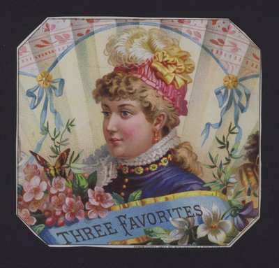 Tres favoritos, etiqueta de cigarro (chromolitho) de American School