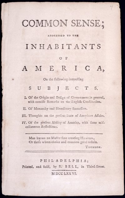 Portada de Common Sense por Thomas Paine 1776 de American School