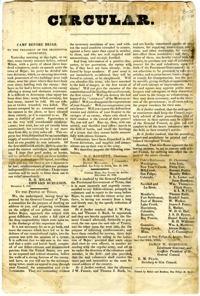 Al Pueblo de Texas sobre el asedio de la guarnición mexicana en San Antonio de Béxar, 10 de diciembre de 1835 de American School