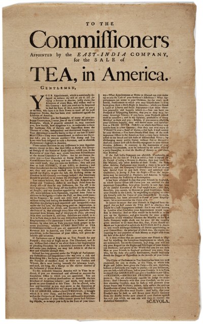 A los Comisionados Designados por la Compañía de las Indias Orientales, para la Venta de Té en América, firmado Scaevola, 1773 de American School