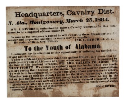 A la juventud de Alabama: ¡Llamamos a las armas! (cartel de reclutamiento), 25 de marzo de 1864 de American School