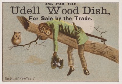 Demasiado Año Nuevo, tarjeta comercial que anuncia platos de madera Udell de American School