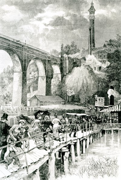 Turistas regresando a su vapor en el río Harlem, con el Puente Alto a la izquierda, grabado por W.A Rogers para Harpers Weekly, 24 de julio de 1880 de American School