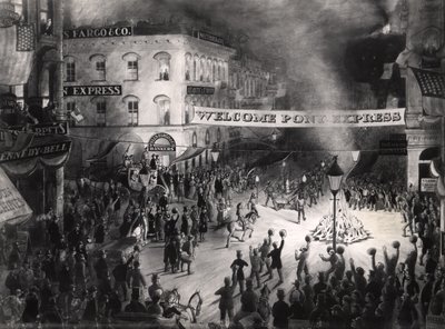 Llegada triunfal del primer mensajero del Pony Express en Sacramento, 13 de abril de 1860 de American School