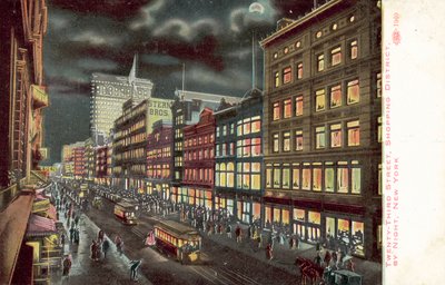 Barrio comercial de Twenty-Third Street, Nueva York, de noche (litografía en color) de American School