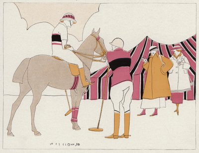 Dos parejas en el club de polo, escena del cuento A Vassal To Art, de J A Waldron (litografía en color). de American School