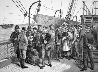 Oficiales de salud del gobierno de EE.UU. en un barco de emigrantes, Quarantine Point, Nueva York de American School