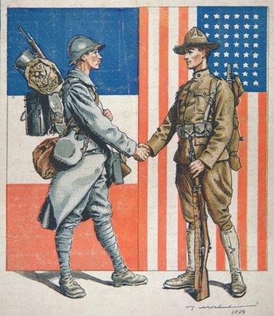 Soldado estadounidense estrechando la mano de un soldado francés, entrada de América en la Primera Guerra Mundial de American School