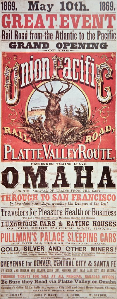Póster del Ferrocarril Union Pacific anunciando el primer ferrocarril transcontinental a través de EE.UU. de American School