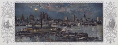 Vista nocturna de la isla de Manhattan desde un transbordador de Jersey City (litografía en color) de American School